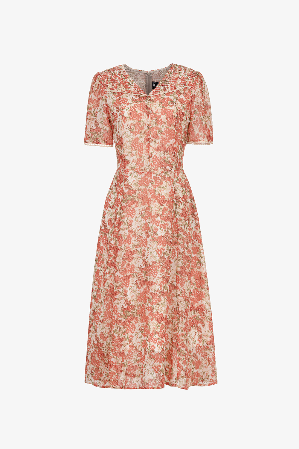 Đầm hoa cam dáng xòe tay ngắn cổ V