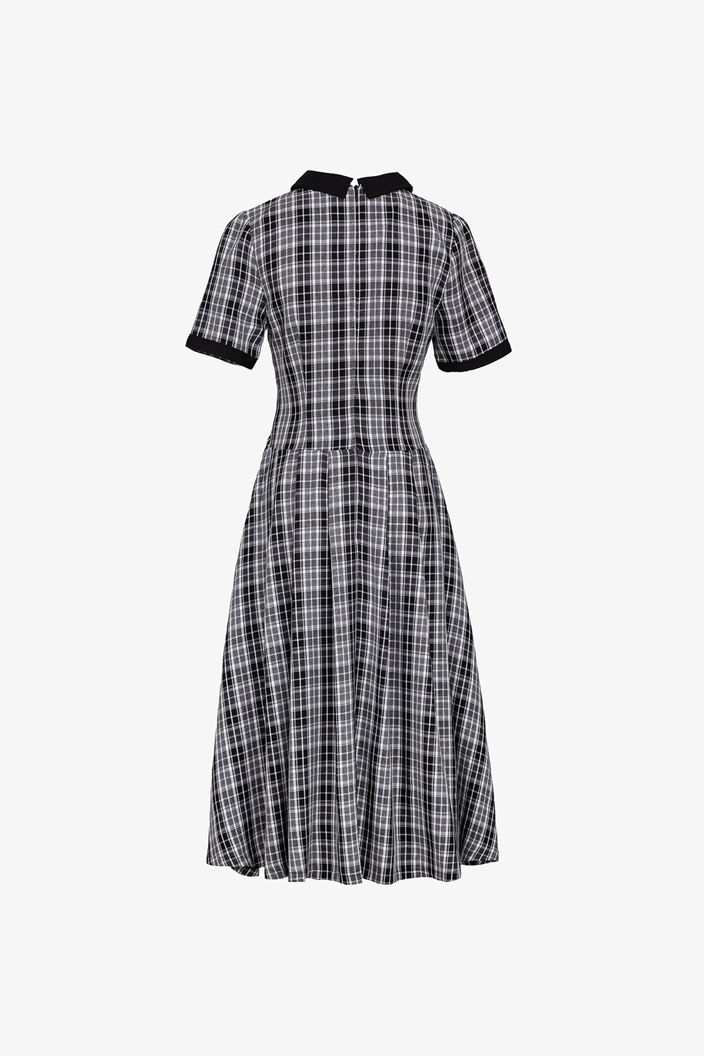 Đầm caro công sở dáng xòe phối cổ đen