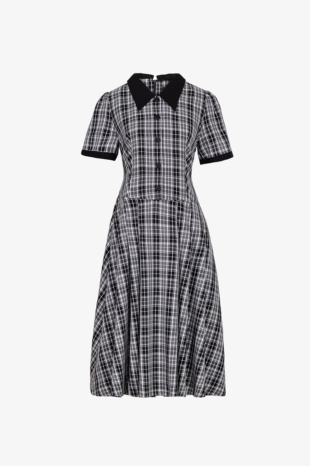 Đầm caro công sở dáng xòe phối cổ đen