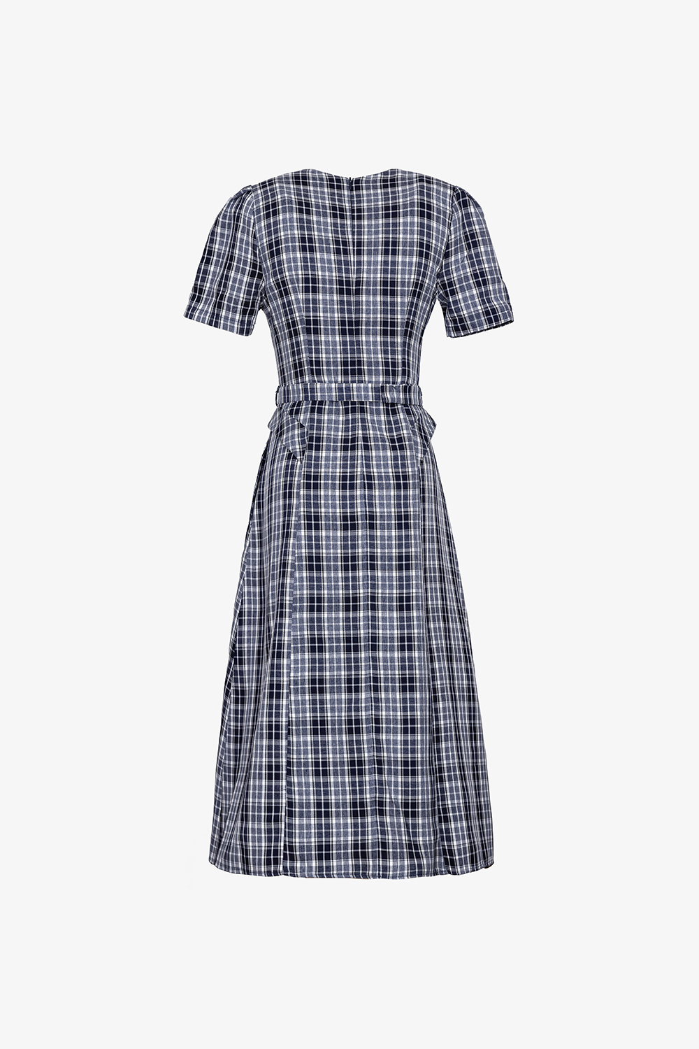 Đầm caro công sở cổ V kèm đai eo