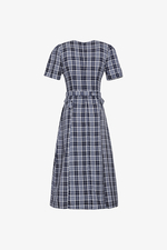 Đầm caro công sở cổ V kèm đai eo