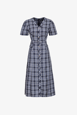 Đầm caro công sở cổ V kèm đai eo