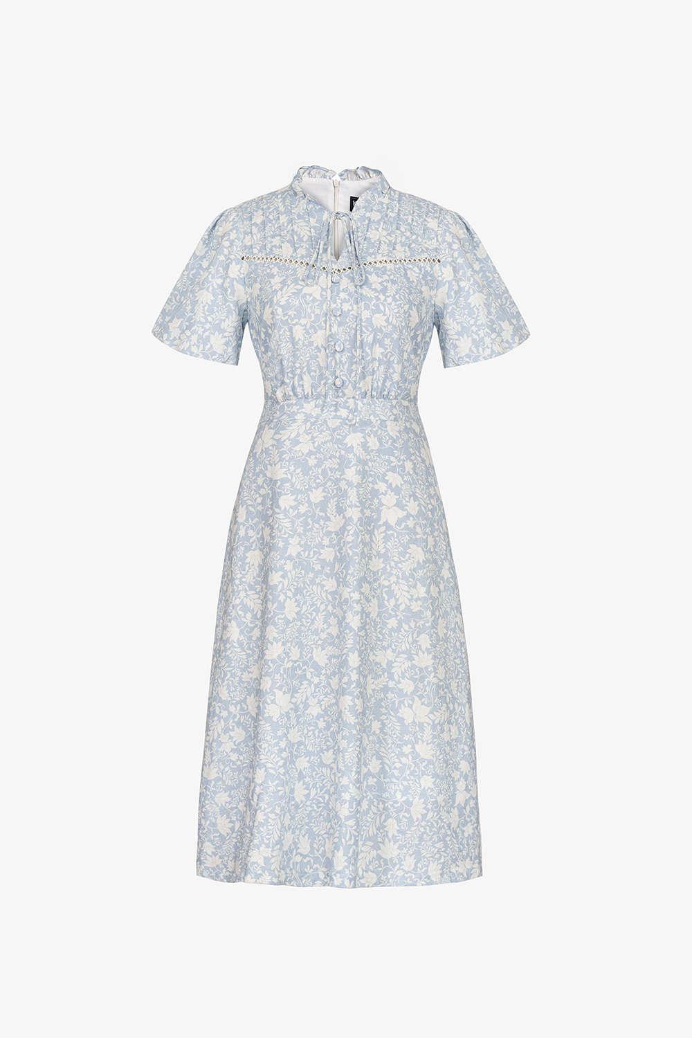 Đầm hoa xanh dáng xòe cổ phối nơ