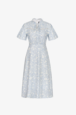 Đầm hoa xanh dáng xòe cổ phối nơ