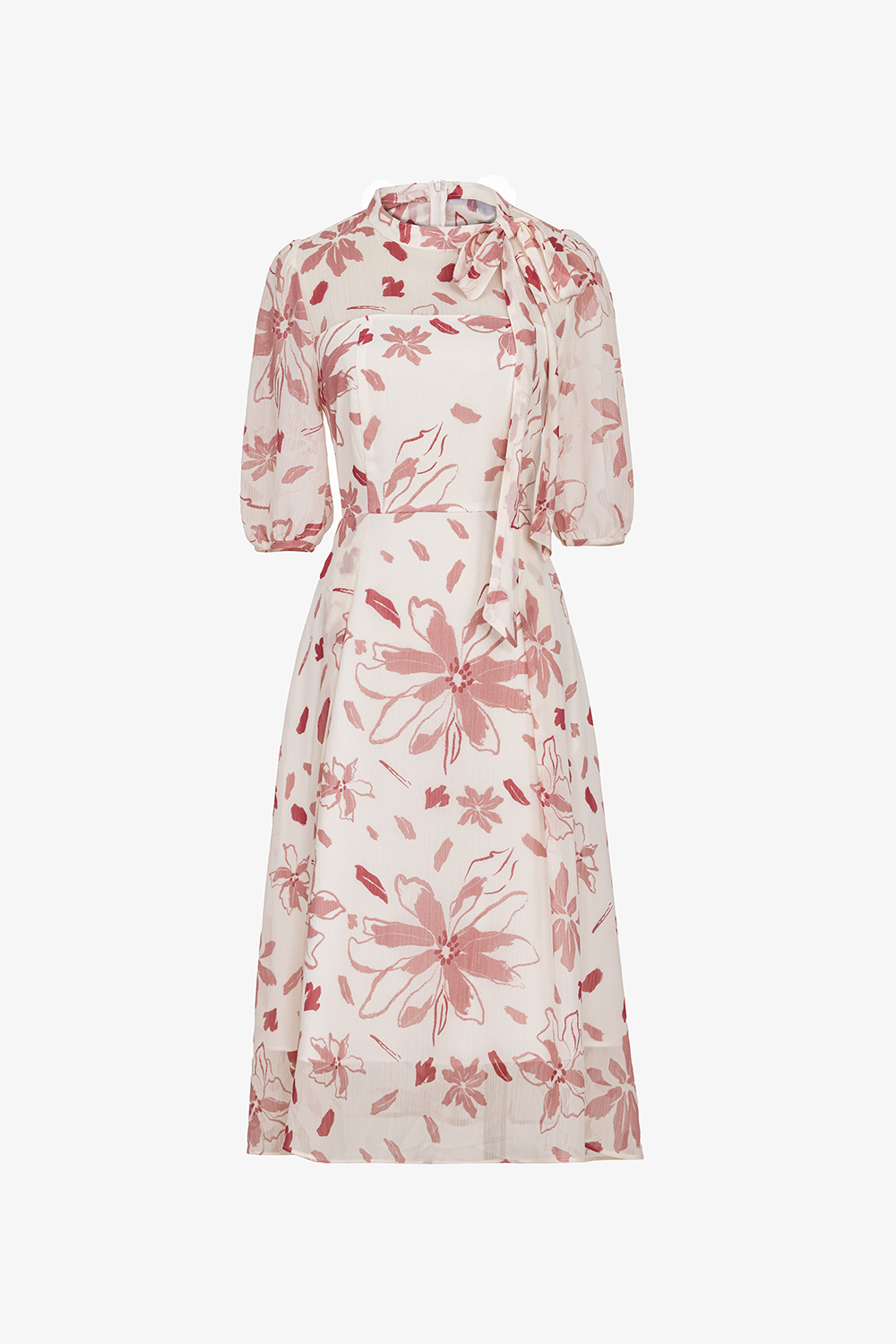 Đầm hoa dáng xòe tay phồng cổ phối nơ