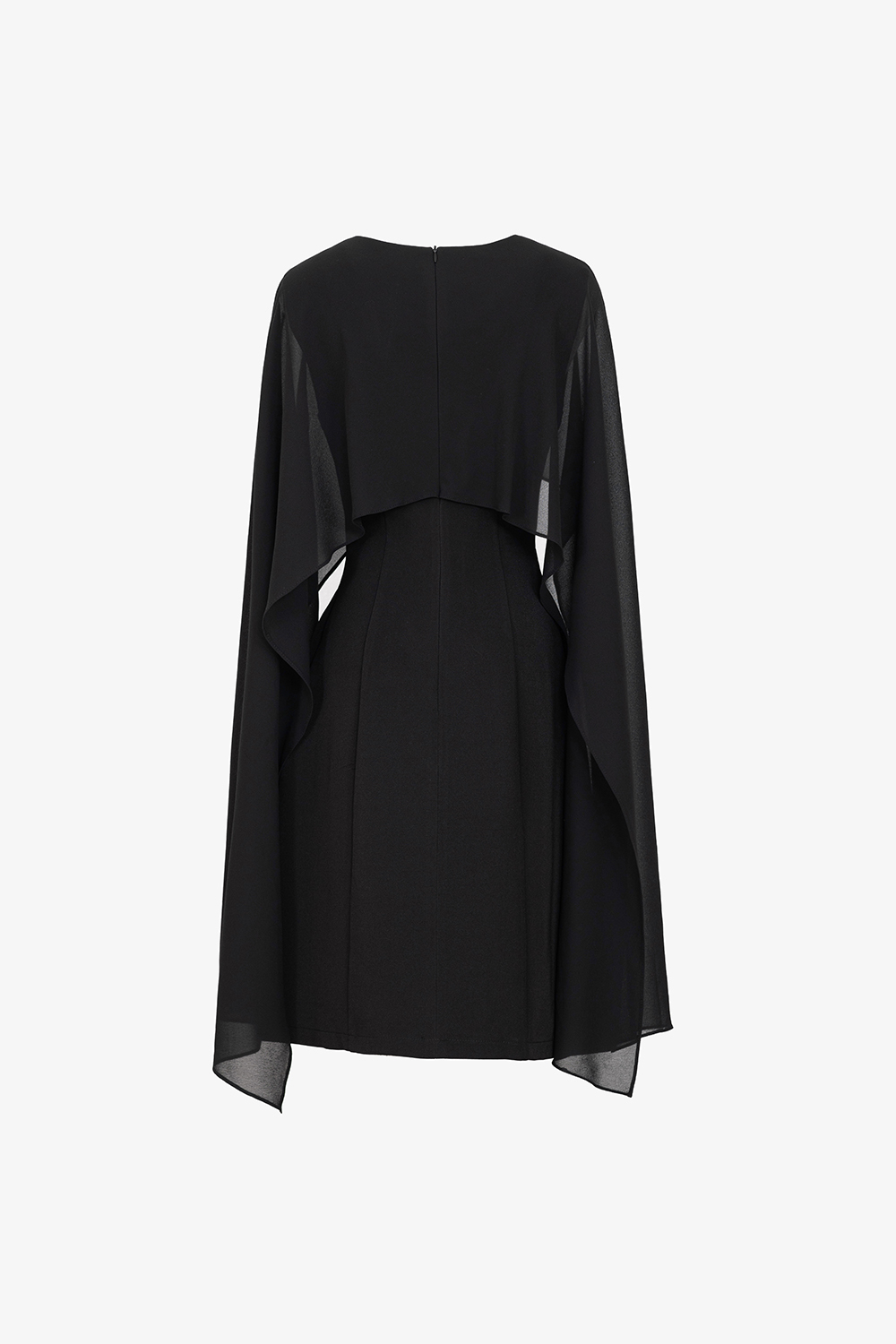 Đầm đen chữ A cổ tròn phối choàng chiffon