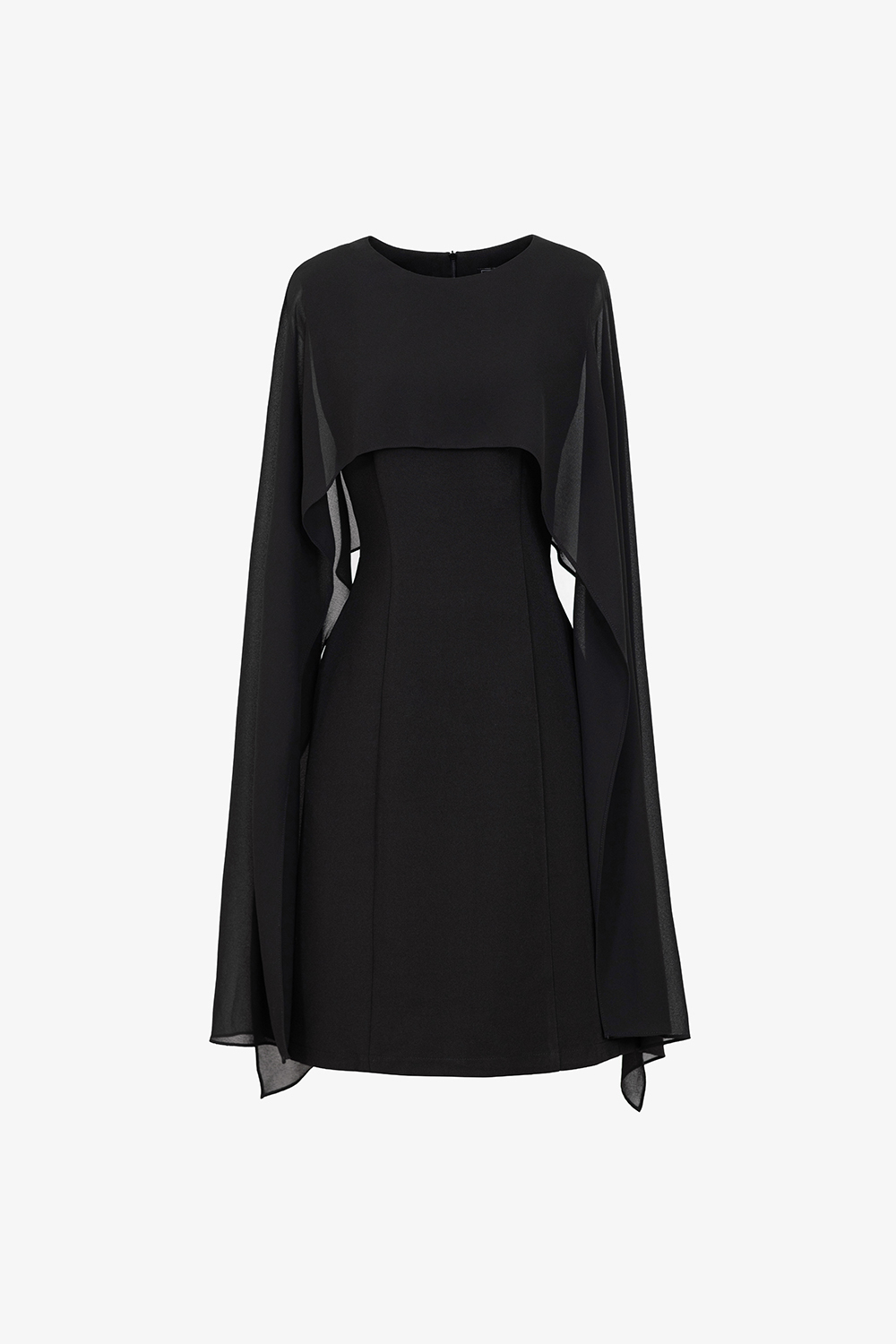 Đầm đen chữ A cổ tròn phối choàng chiffon