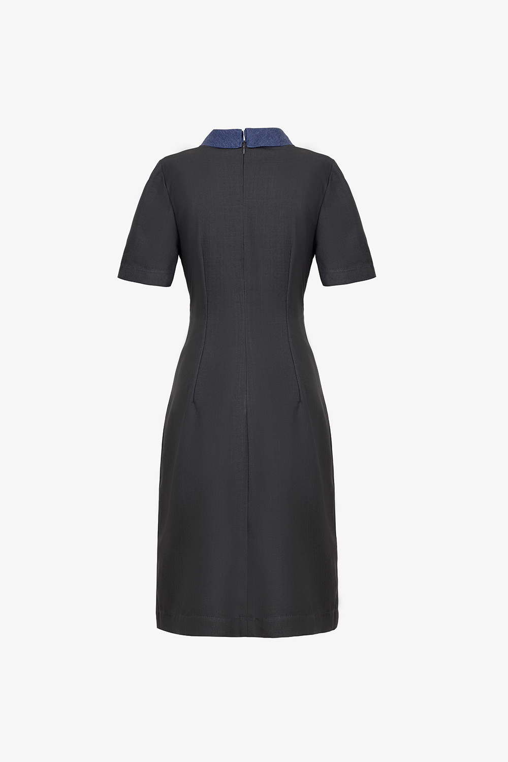 Đầm công sở màu xám phối xanh cổ sơ mi