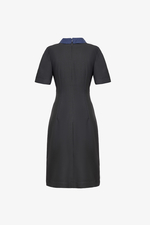 Đầm công sở màu xám phối xanh cổ sơ mi