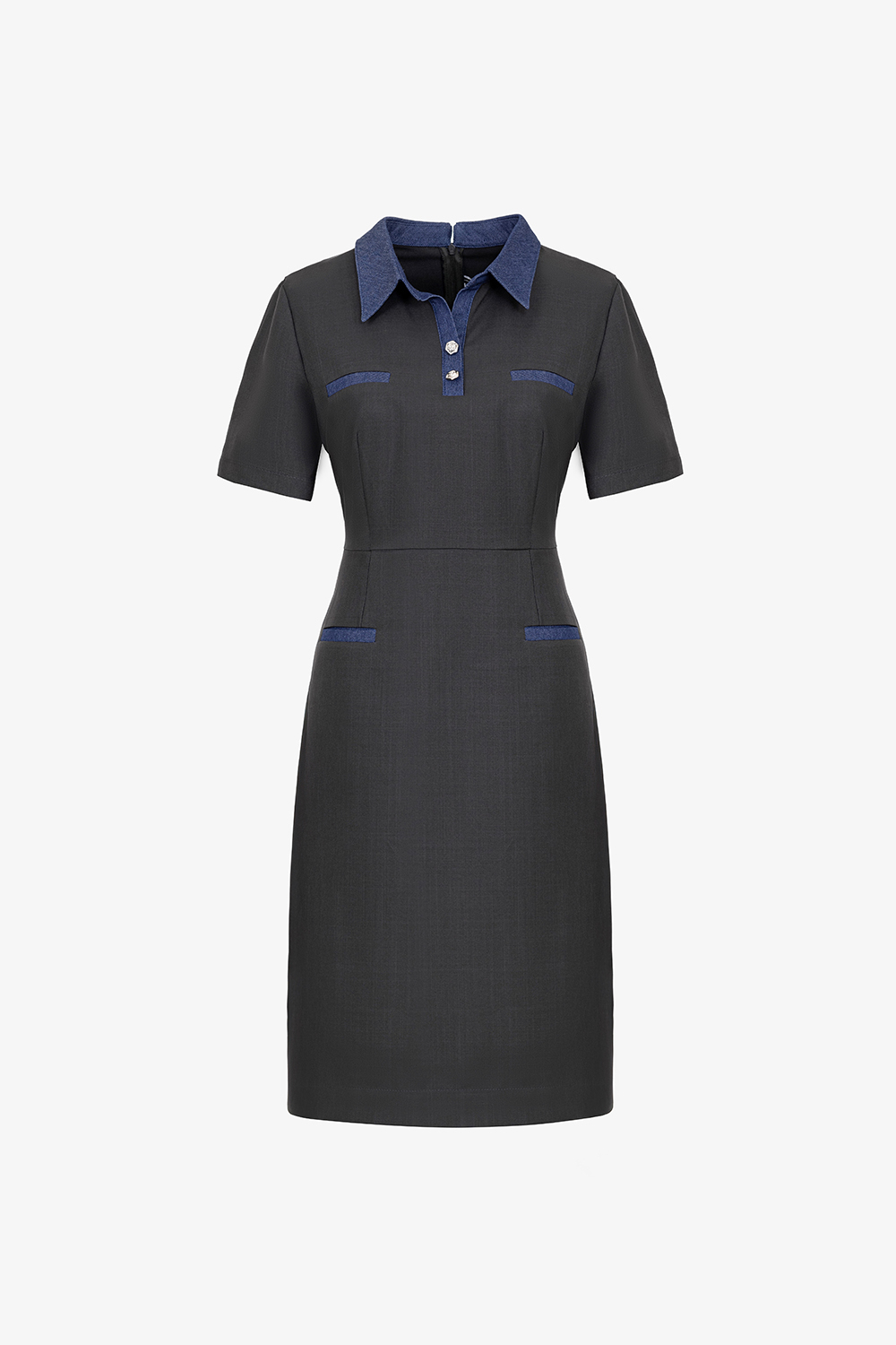 Đầm công sở màu xám phối xanh cổ sơ mi