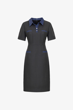 Đầm công sở màu xám phối xanh cổ sơ mi