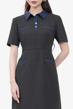 Đầm công sở màu xám phối xanh cổ sơ mi