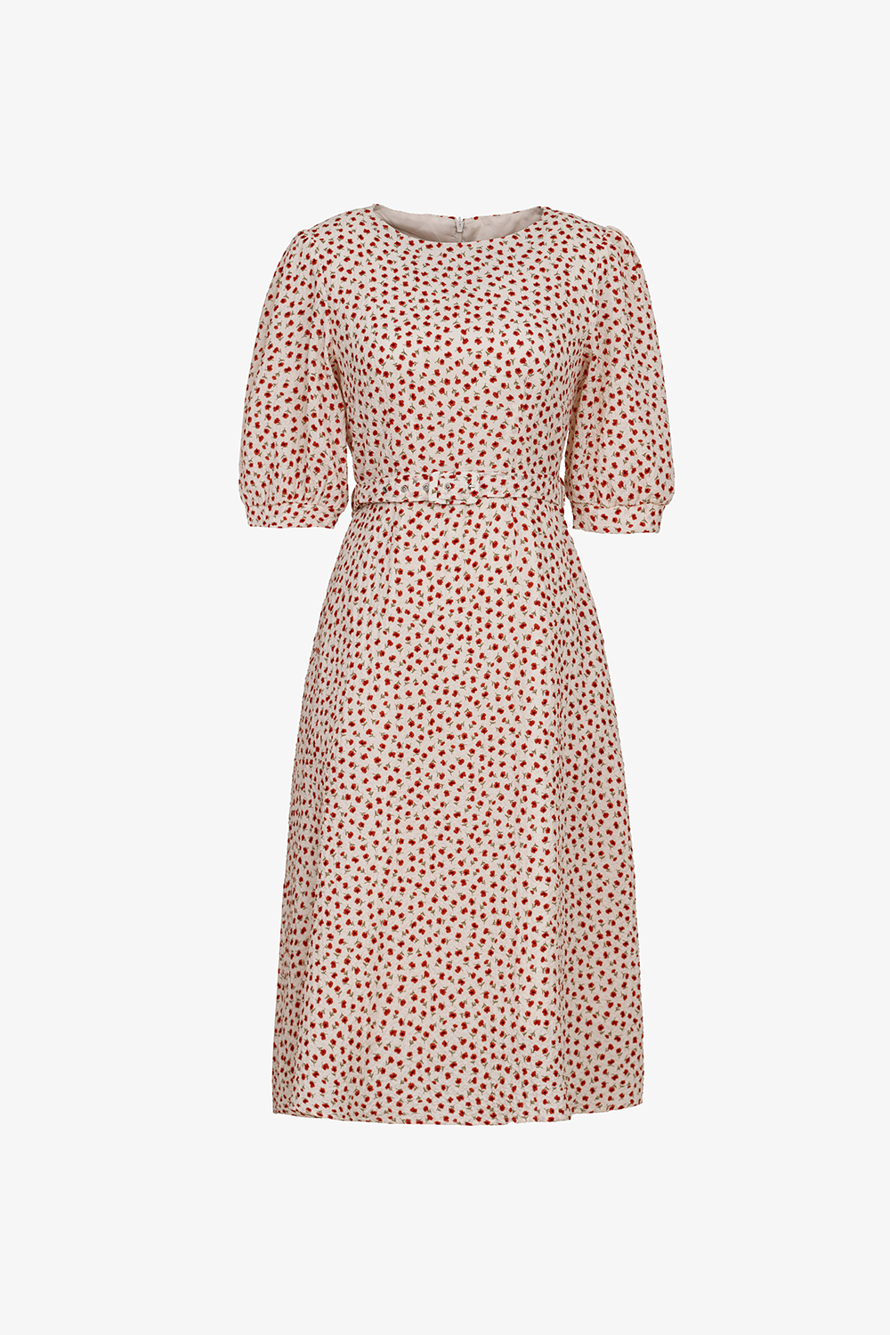 Đầm hoa nhí đỏ dáng chữ A thắt eo