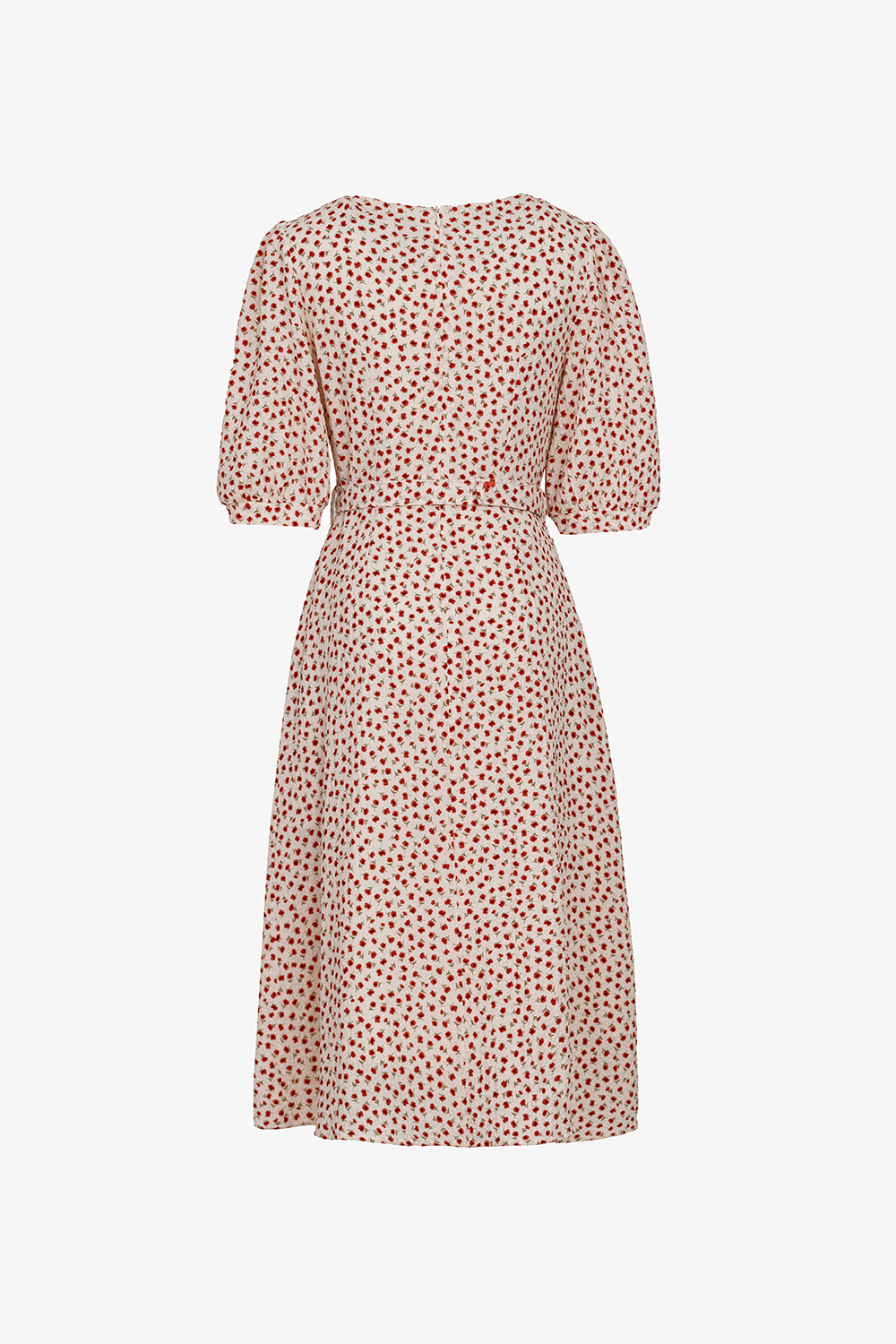 Đầm hoa nhí đỏ dáng chữ A thắt eo