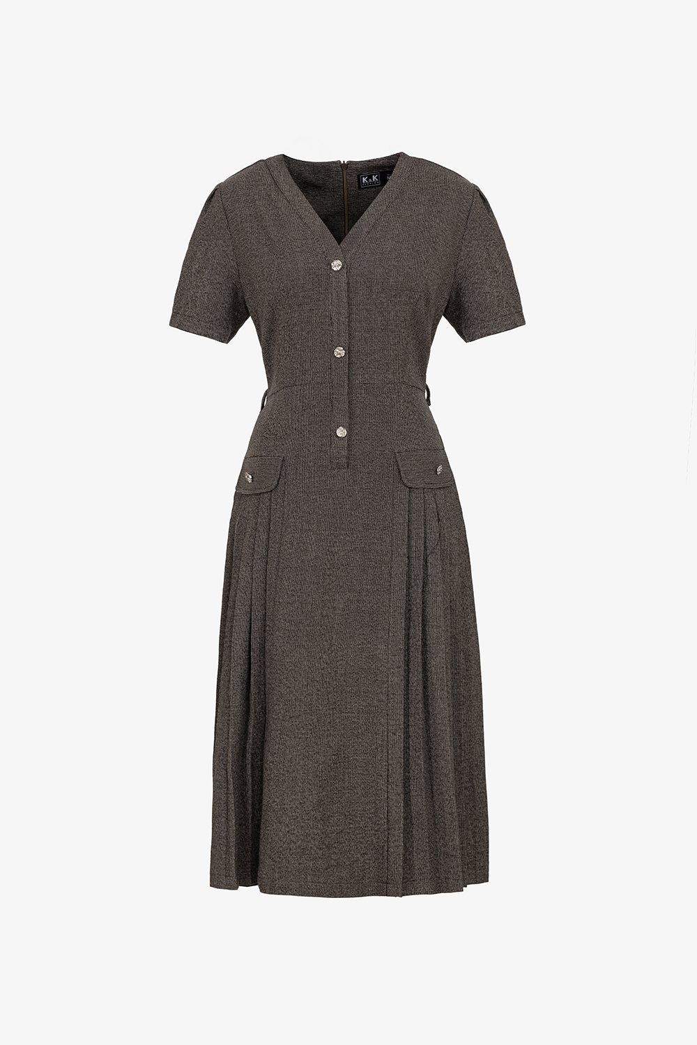 Đầm công sở màu nâu cổ V tùng xếp ly