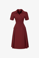 Đầm đỏ dáng xòe cổ sơ mi phối túi