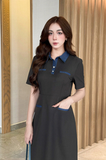 Đầm công sở màu xám phối xanh cổ sơ mi