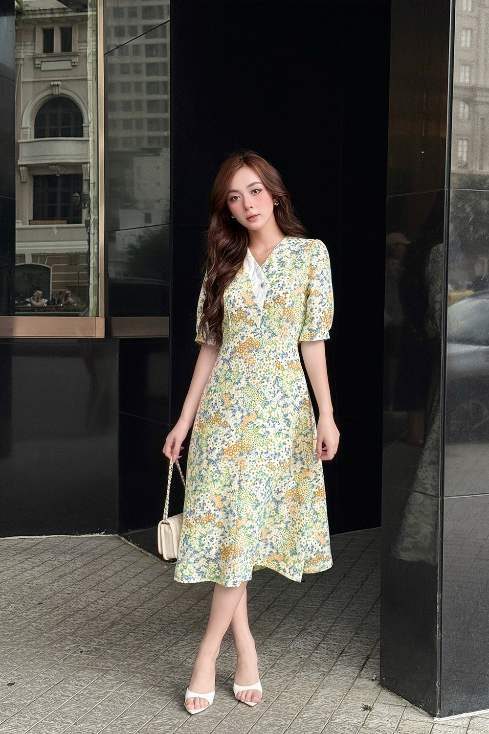 Đầm hoa công sở dáng chữ A tay lỡ