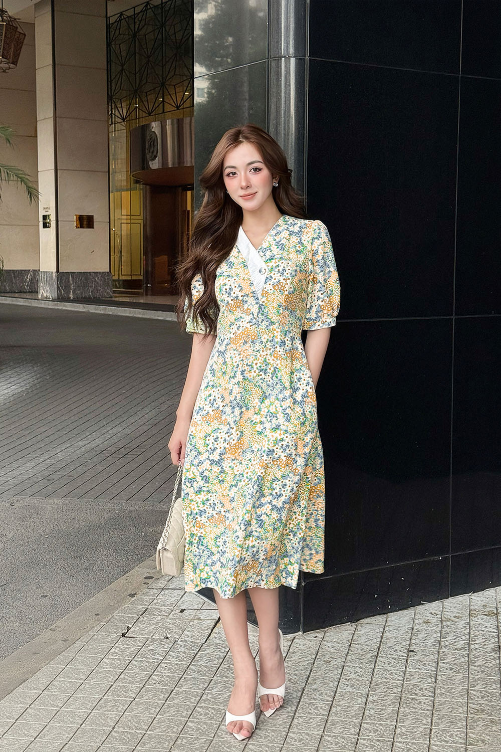 Đầm hoa công sở dáng chữ A tay lỡ