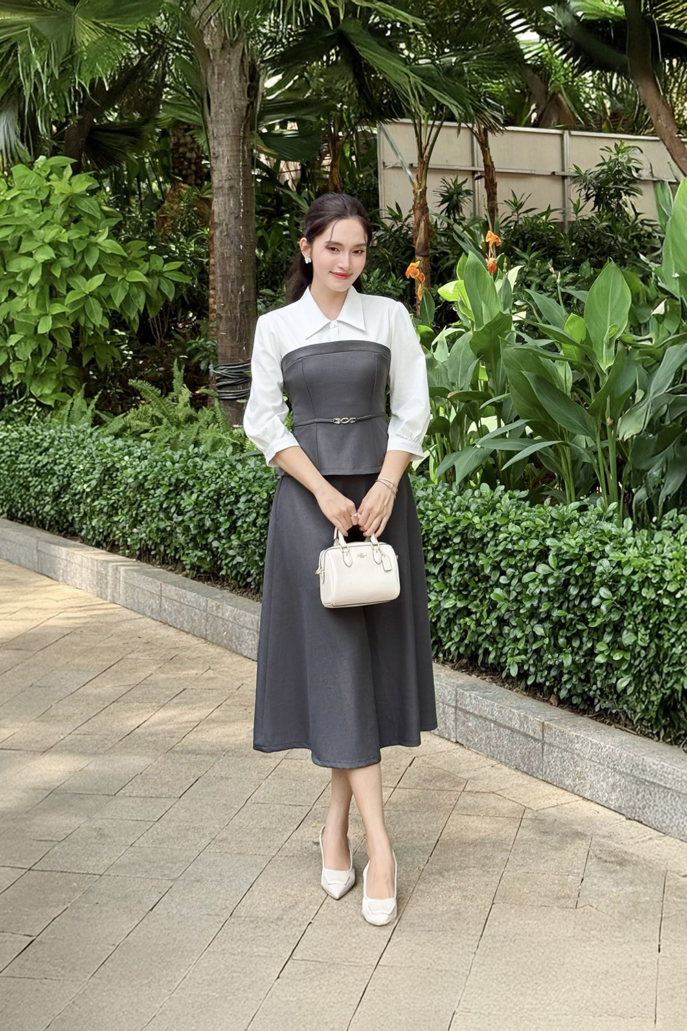 Chân váy xoè midi dáng dài màu xám