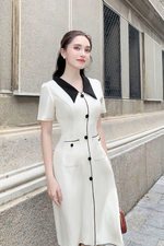 Đầm công sở chữ A cổ sen đen phối nút