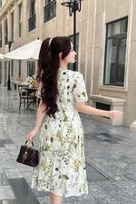 Đầm hoa dáng xoè dài phối nơ