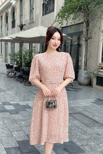 Đầm hoa nhí đỏ dáng chữ A thắt eo