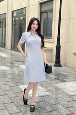 Đầm kẻ sọc xanh dáng chữ A cổ sơ mi