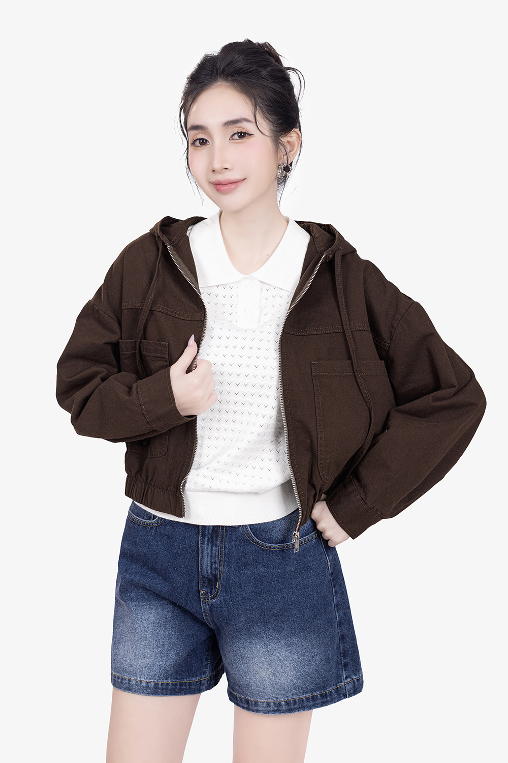 Áo khoác nữ ngắn khóa kéo có nón