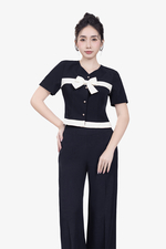 Áo công sở nữ phối nơ kaki nhung