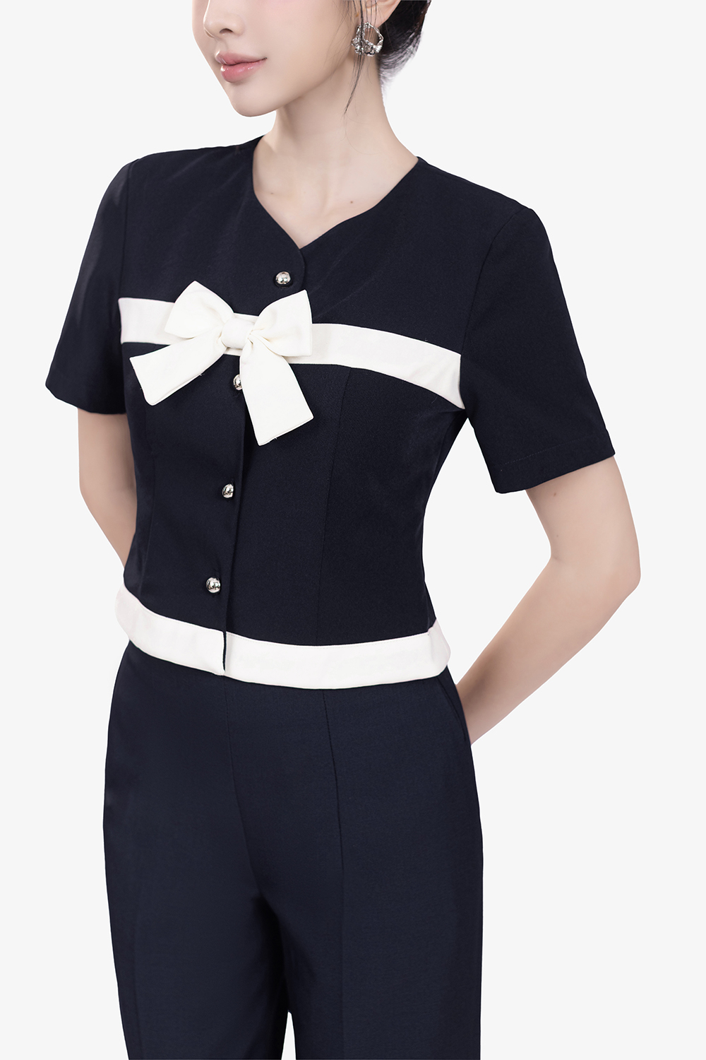 Áo công sở nữ phối nơ kaki nhung