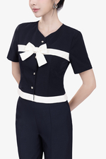 Áo công sở nữ phối nơ kaki nhung