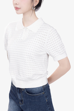 Áo len dệt kim màu trắng cổ polo