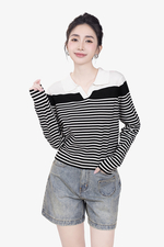 Áo len dệt kim sọc trắng đen tay dài