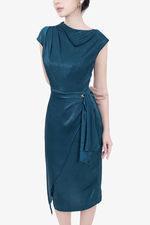 Đầm lụa xanh dự tiệc vạt đắp chéo