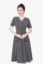 Đầm xòe công sở cổ V phối viền đen