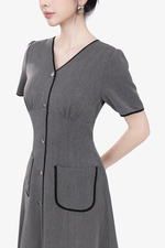 Đầm xòe công sở cổ V phối viền đen