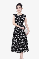 Đầm đen hoa dáng chữ A tùng đắp chéo