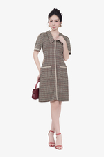 Đầm caro cổ sen phối viền đăng ten