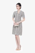 Đầm tweed chữ A cổ sen phối ren trắng