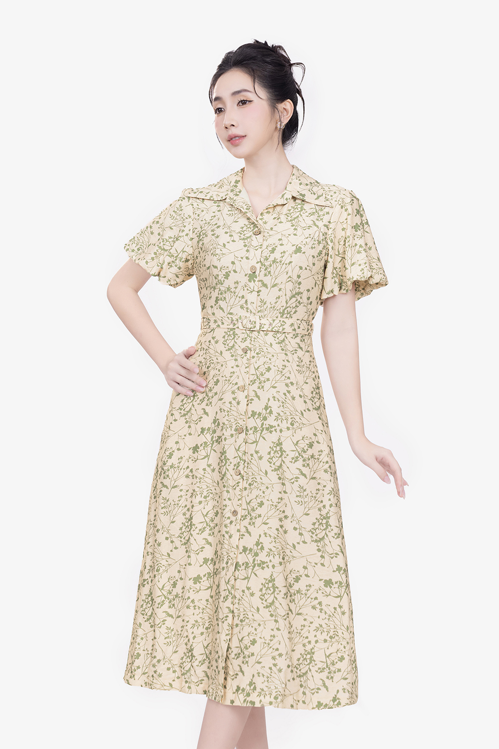 Đầm hoa nhí dáng xòe dài phối thắt lưng