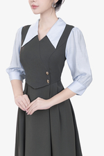 Đầm xoè công sở màu xám phối tay sọc