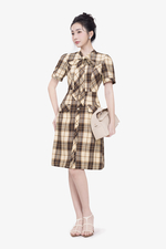 Đầm caro dáng chữ A cổ phối nơ