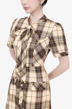 Đầm caro dáng chữ A cổ phối nơ