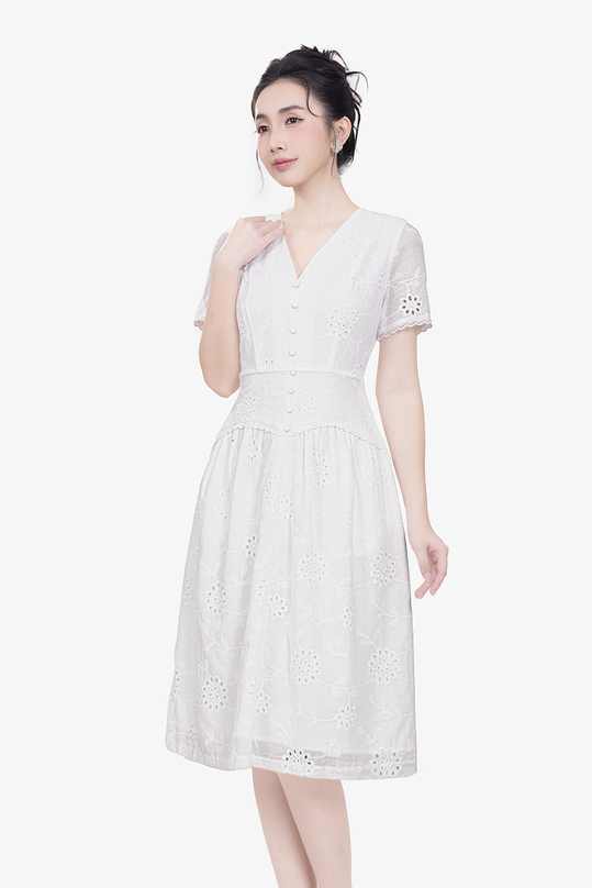Đầm trắng xô thêu dáng xòe nhấn eo KK181-29