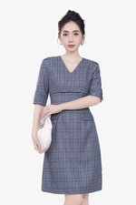 Đầm caro chữ A tay lỡ nhấn eo cao