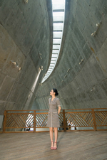 Đầm caro cổ sen phối viền đăng ten