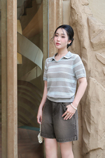 Áo len dệt kim tay ngắn sọc xám xanh