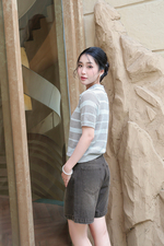 Áo len dệt kim tay ngắn sọc xám xanh