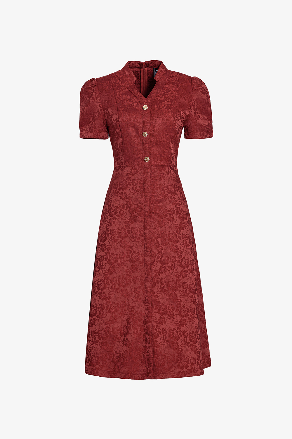 Đầm đỏ gấm hoa nổi dáng xòe